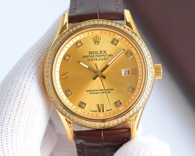 Rolex Datejust 40mm 316L Steel Calfskin Leather Strap Gold/White/Black Watch